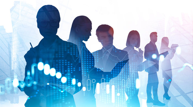 Business partners in city, digital chart