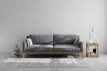  scandinavian hipster style grey tones interior background, modern interior living room mock up, living room, home interior with grey sofa, 3d rendering - obrazy, fototapety, plakaty