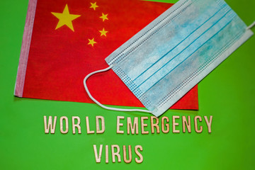 Text WORLD EMERGENCY VIRUS.. Virus Pandemic Protection Concept. 2019 nCoV virus infection originating. Chinese flag