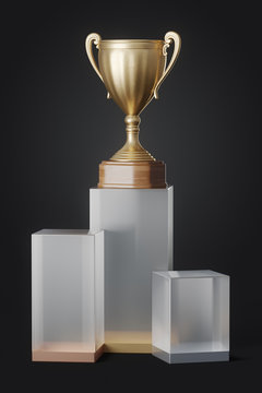 gold cup on the winner podium, 3D illustration