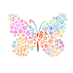 A multi-colored butterfly made of flowers. Mixed media. Vector illustration