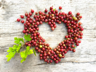 Red gooseberries, many berries scattered in the shape of a heart on a wooden background. Rural concept with fresh gooseberries and a symbol of love with copy space.
