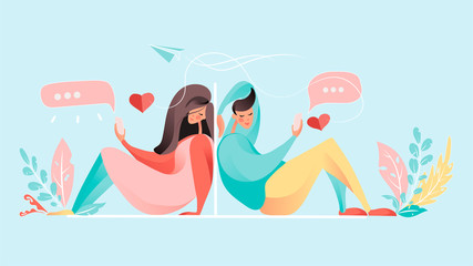 Virtual relationships, online dating or social networking concept. Love trough internet. Couple in love, flirting people Vector illustration, flat style. Online chat, messaging.