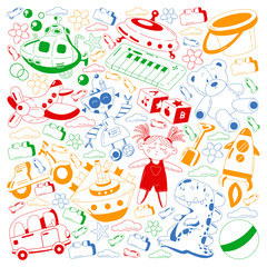 Vector set with toys icons. Pattern for kindergarten.
