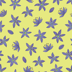 Vector seamless pattern with spring scilla flowers on a yellow background.