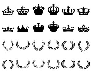 Obraz premium Black silhouettes of crowns and laurel wreaths on a white background
