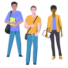 Set of three multicultural students. Flat vector illustration. Young girl and two boys. Isolated characters on a white background. Smiling teenagers in casual clothes. The youth way of life. 