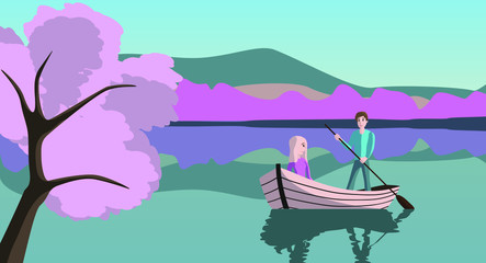 A guy and a girl in love ride a boat on the lake. Spend Time Together On A Boat. Horizontal vector illustration on a colored background in a flat style. A pleasant romantic trip along the river togeth