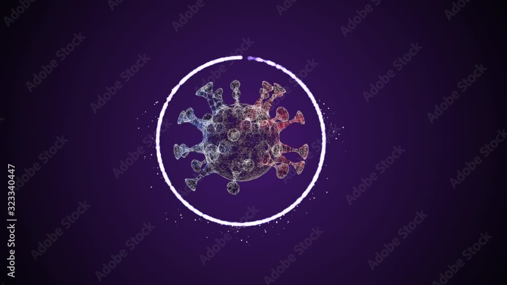Poster pathogen outbreak of virus. multicolored dangerous cell turning inside a circle of glowing dust.
