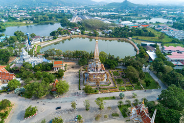 Aerial view drone shot of wat chalong temple or Wat Chaithararam in phuket thailand.