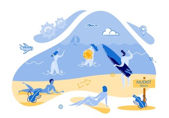 Informative Banner Tourism Isolated Nudist Beach. Nude People, Men and Women Sunbathe on Beach. Men Covered with Surfboard. Inscription on Beach Plate for Nudists. Vector Illustration.