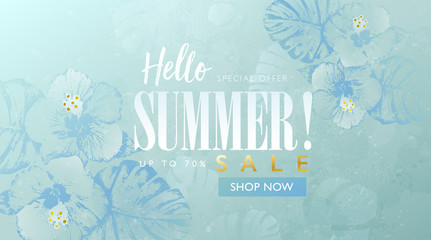 Summer sale banner with hibiscus flowers and tropical leaves background. Exotic floral design template for banner, flyer, poster or web site. Watercolor paint textured style vector illustration. © sophonk