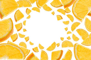 Orange fruit texture. Tangerine citrus slices flight in air with clipping path.