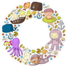 Diving pattern with children. Octopus, whale. Summer adventure with pirates and treasures. Swimming and underwater adventure.