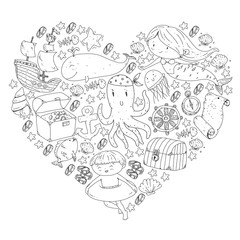 Diving pattern with children. Octopus, whale. Summer adventure with pirates and treasures. Swimming and underwater adventure.