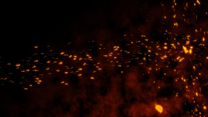 Burning red hot flying sparks fire from right to left in the night sky. Beautiful abstract background flying wing shape on black background. Like a lot of insects or bugs.