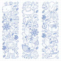 Diving pattern with children. Octopus, whale. Summer adventure with pirates and treasures. Swimming and underwater adventure.