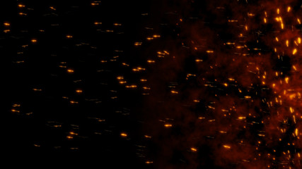 Burning red hot flying sparks fire from right to left in the night sky. Beautiful abstract background flying wing shape on black background. Like a lot of insects or bugs.