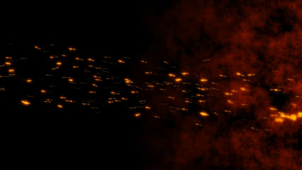 Burning red hot flying sparks fire from right to left in the night sky. Beautiful abstract background flying wing shape on black background. Like a lot of insects or bugs.