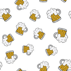 Beer Mug Seamless Pattern, Hand Drawn doodle background. Vector illustration
