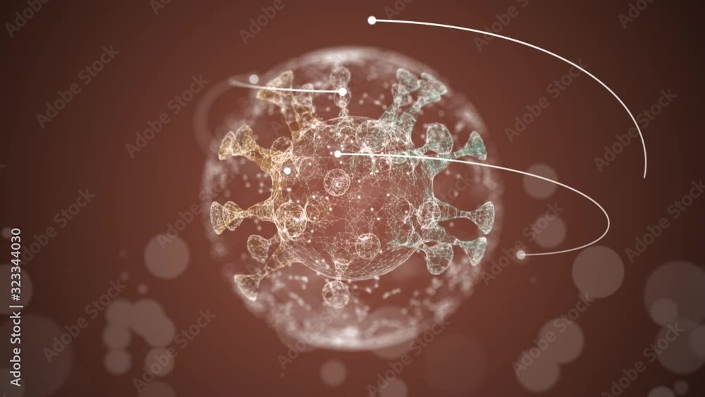 Poster alpha channel illuminating virus is rotating over brown background with bokeh particles floating.