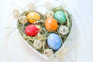 Colorful Easter eggs, nest