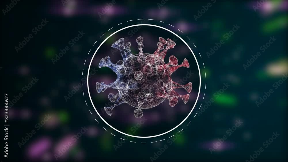 Poster pathogen outbreak of virus. multicolored dangerous cell turning inside a glowing circle over dark ba
