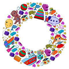 Vector pattern with toys for little children. Kindergarten kids playing with doll, dinosaur, submarine, airplane, car.