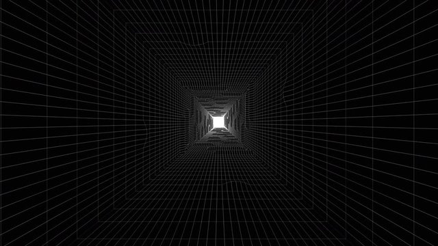 Black abstraction tunnel. Fly out through the grid. Wareframe. Graphics in motion, background animation. Digitally generated animation of concentric lines.
