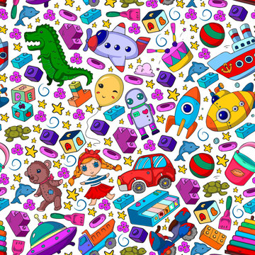 Vector pattern with toys for little children. Kindergarten kids playing with doll, dinosaur, submarine, airplane, car.