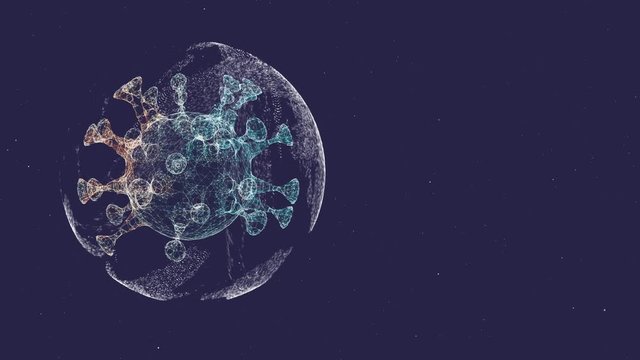 Colorized scanning micrograph of some virus 3D render inside a glitch sphere floating over dark blue background.