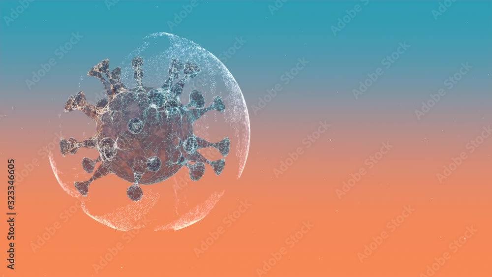 Poster colorized scanning micrograph of some virus 3d render inside glitch sphere floating over orange blue