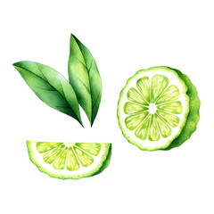 Green sliced bergamot with leaves. Isolated watercolor illustration of citrus fruit. - obrazy, fototapety, plakaty