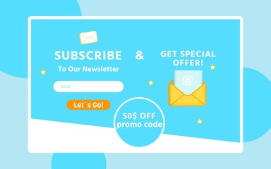 Subscribe to Newsletter for Getting Special Sale Offer Advertisement. Flat Banner with 50 Percent Off Promo Code. Email Marketing. Cartoon Open Envelope and Field for E-Address. Vector Illustration