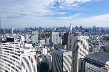青空を背景に新宿都庁から見た代々木方面のビル群