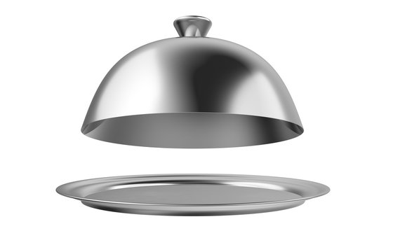 Stainless steel restaurant cloche isolated on white. Cover dome with plate. 3d illustration.