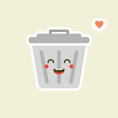 Recycle bin cartoon cute character in kawaii flat style. Tin trash bin. Metal waste container, functional trashcan. City health and function, street beautification and urban design concept. 