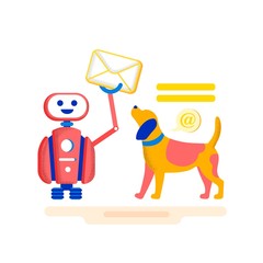 Bright Banner Modern Delivery Correspondence. E-mail Marketing Effectively Attracts to Perform Necessary Actions. Dog is Looking at Robot who Smiles and Holds Letter. Vector Illustration.