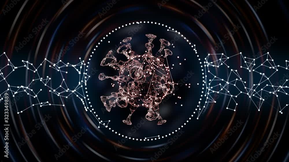 Poster rotating virus cell in plexus pattern capsule over red waves dark background.