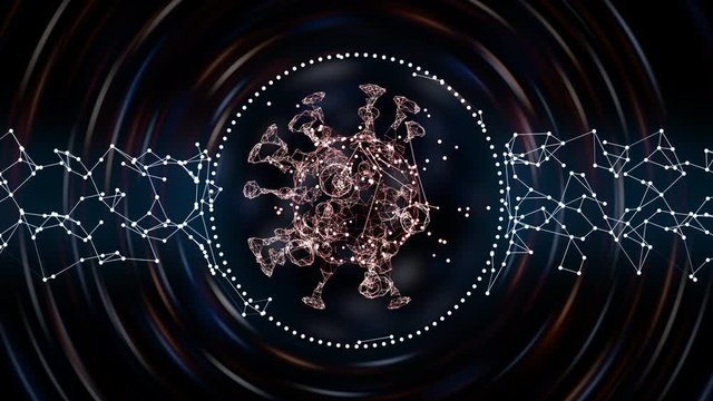 Rotating virus cell in plexus pattern capsule over red waves dark background.