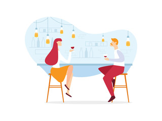 Advertising Banner Communication at Bar Cartoon. Difference Worldviews Supports Interest to Each Other. Poster Man and Woman Chatting at Bar Restaurant in Friendly Way, Drinking Wine Together.