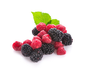 blackberries and raspberries isolated on white background