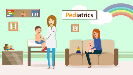 Pediatrician Examining Boy Sitting on Table at Hospital Flat Cartoon Vector Illustration. Pediatric Department in Clinic. WomanWorking with Stethoscope. Nother Sitting on Sofa with Baby.