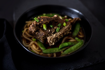 Udon Noodle Bowl with Slow-Cooked Ribs and Peas