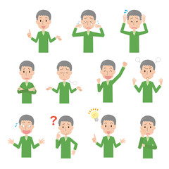 	高齢　中高年　男性　感情　ポーズ　セット　上半身