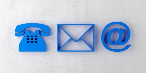 Blue telephone, envelope letter and e-mail symbols on concrete wall background, contact us symbols or banner