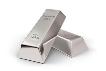 Two shiny palladium ingots or bars over white background - precious metal or money investment concept - obrazy, fototapety, plakaty
