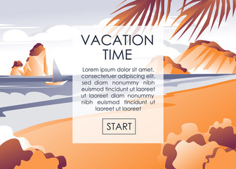 Cartoon Banner Advertising Start Vacation on Seacoast. Summer Time on Tropical Island in Warm Country. Promotion Text in Frame over Sea Scene, Sailboat and Rocks. Vector Flat Illustration