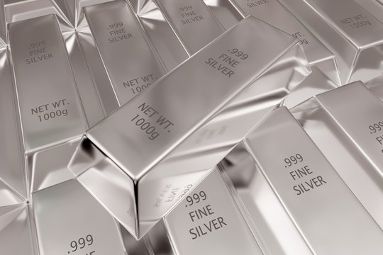 Single silver ingot on rows of shiny silver ingots or bars background - essential electronics production metal or money investment concept