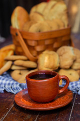 Obraz na płótnie Canvas Cup of coffee with traditional Nicaraguan bread in a basket